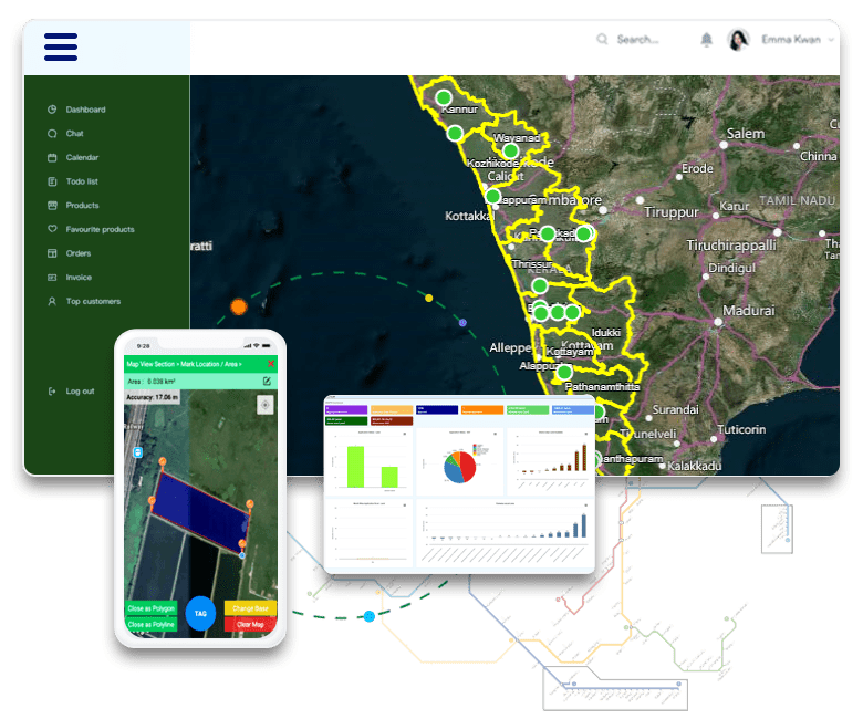 land boundary mapping in kerala with mobile view showing plots boundary, with land management software dashboard